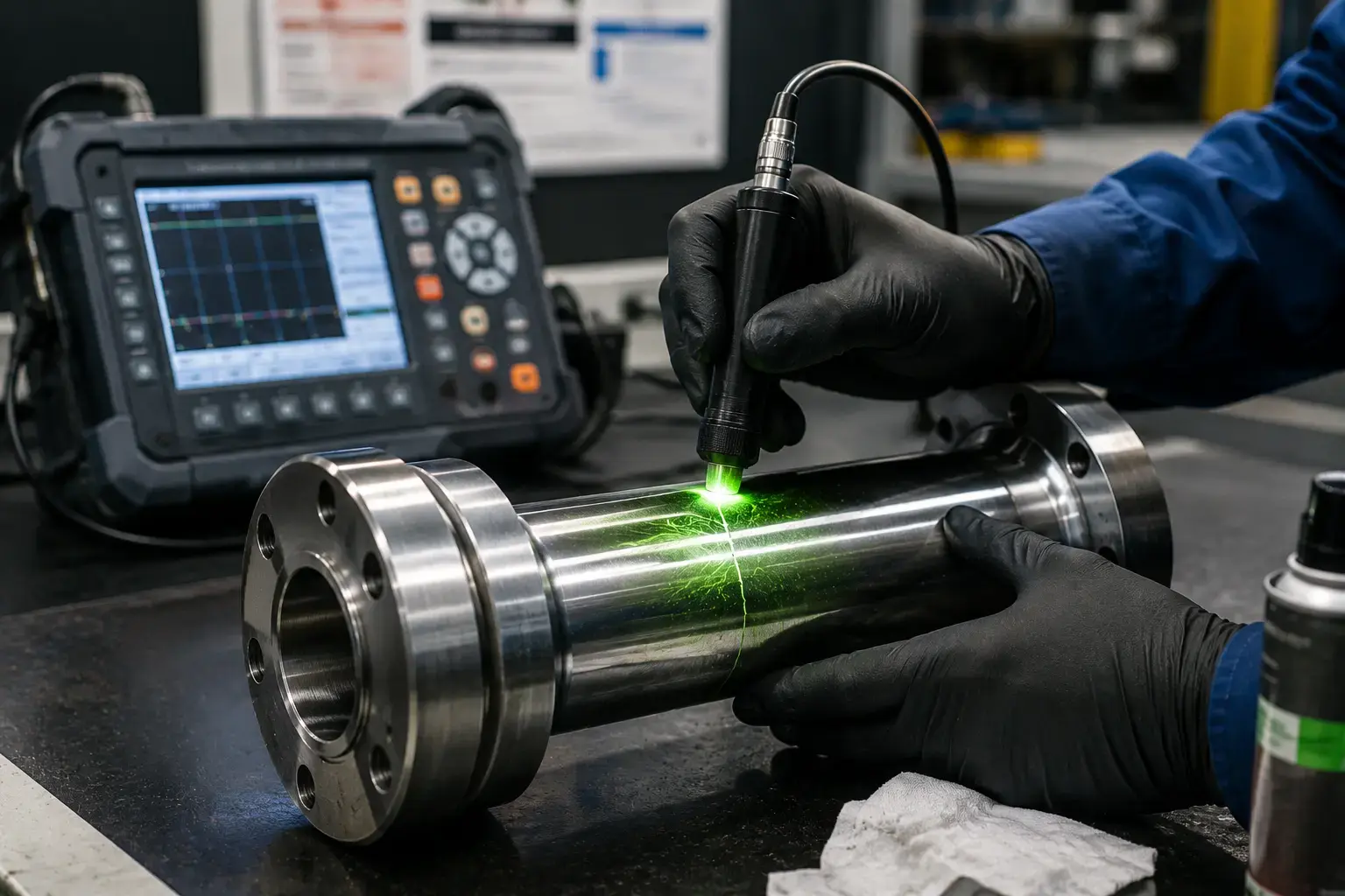 A component undergoing non-destructive inspection.
