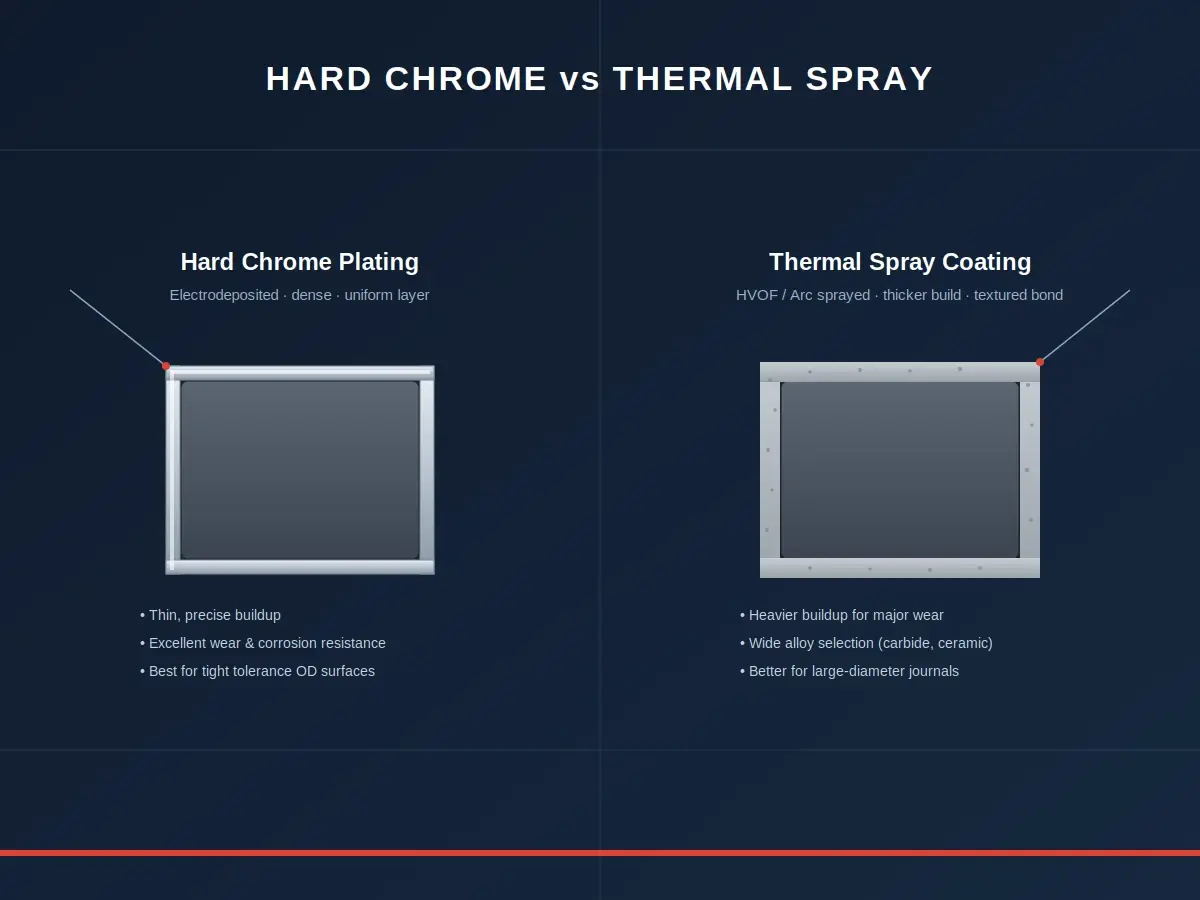 A hard chrome plated surface next to a thermal sprayed one.