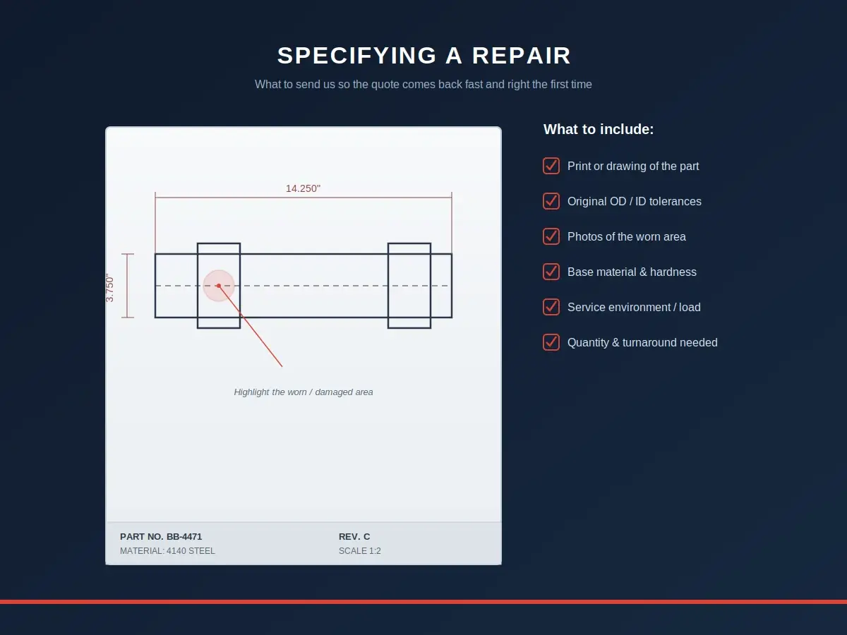 An engineering drawing marked up for a repair quote.