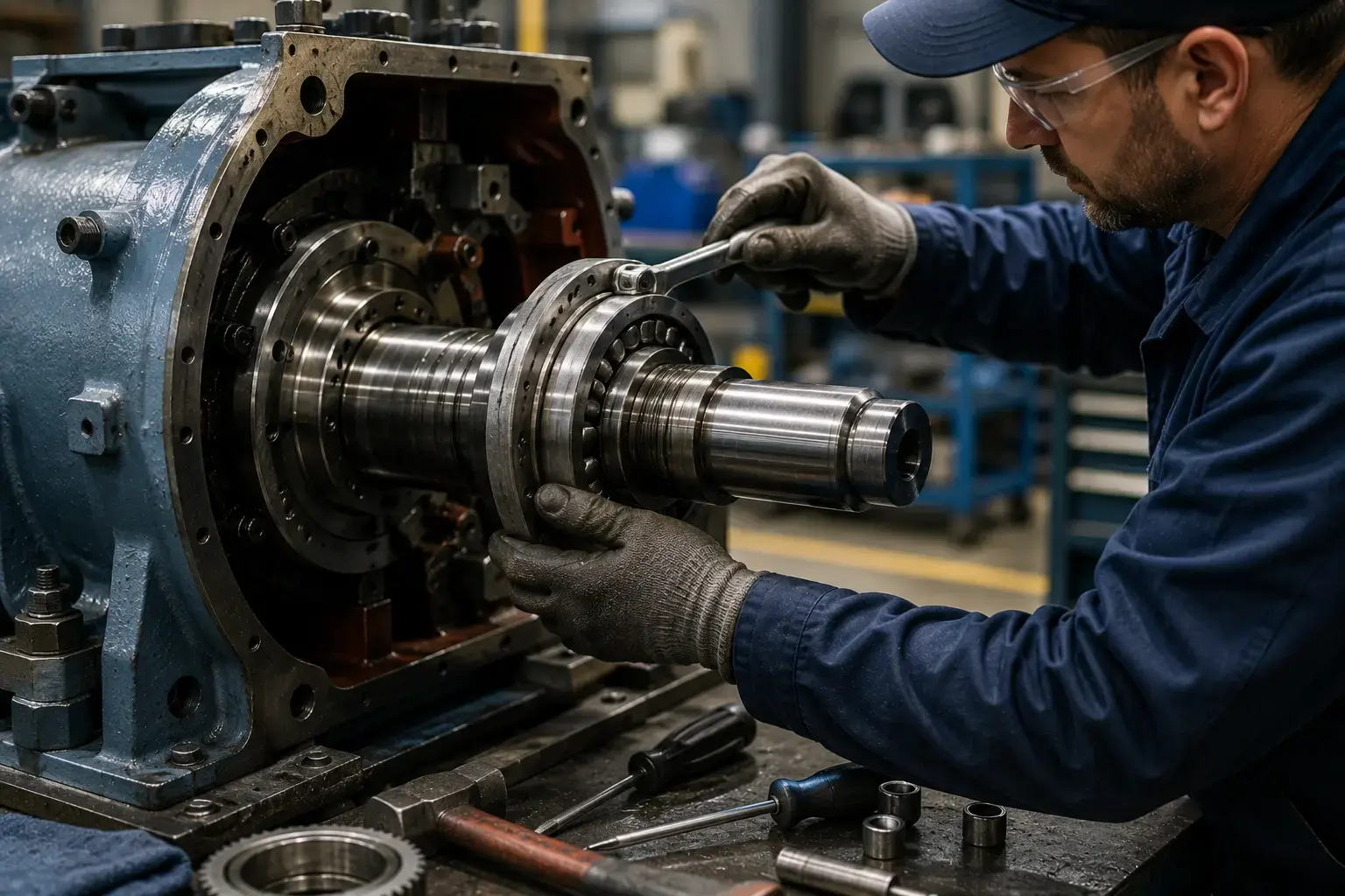 Industrial machinery being repaired on the shop floor.